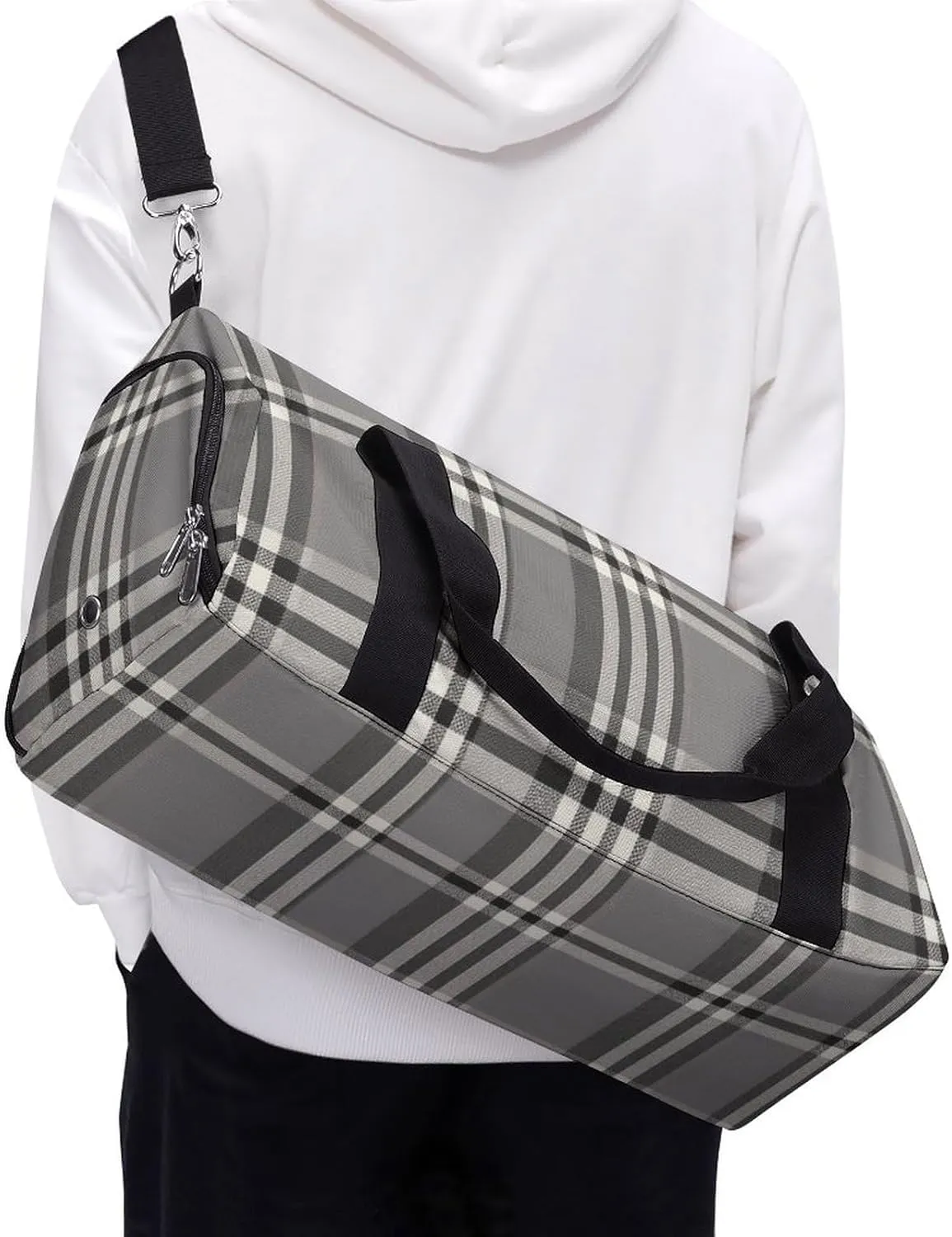 Gym Bag Gray Plaid Lines Duffel Bag for Men Women Overnight Bag with Shoe Compartment Workout Bags