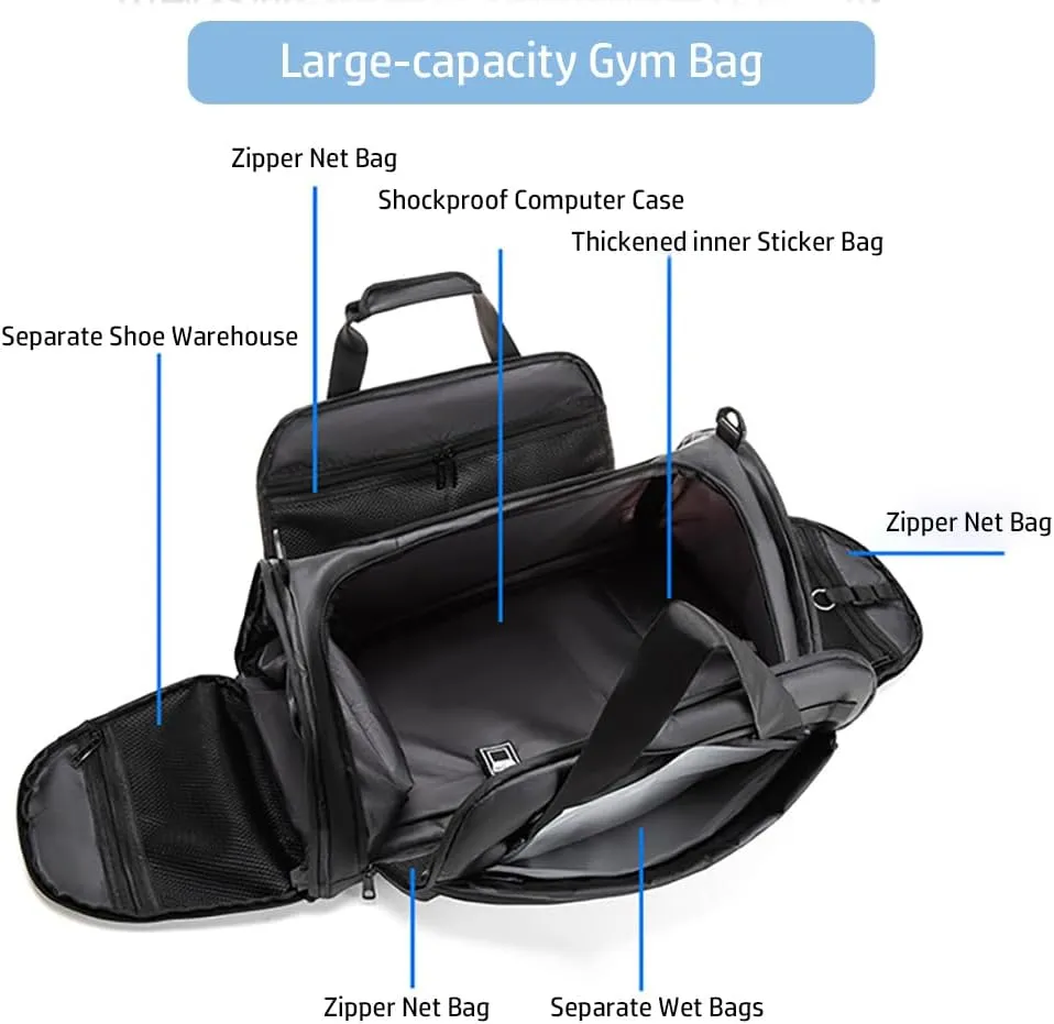 Gym Bags for Men & Women Waterproof Sports Workout Duffle Bag for Travel Lightweight Weekender Overnight Bag with Shoe Compartment & Wet Pockets （Black-M）