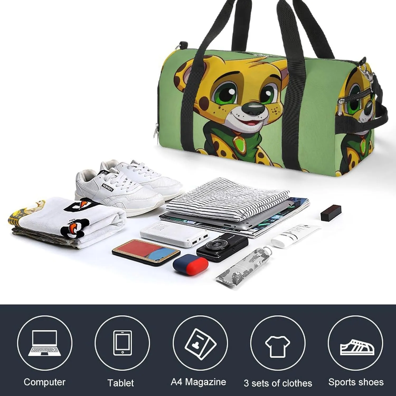 Gym Bags Small Cheetah Sitting Duffel Bag Overnight Bag with Shoe Compartment Carryon Bag for Men Women