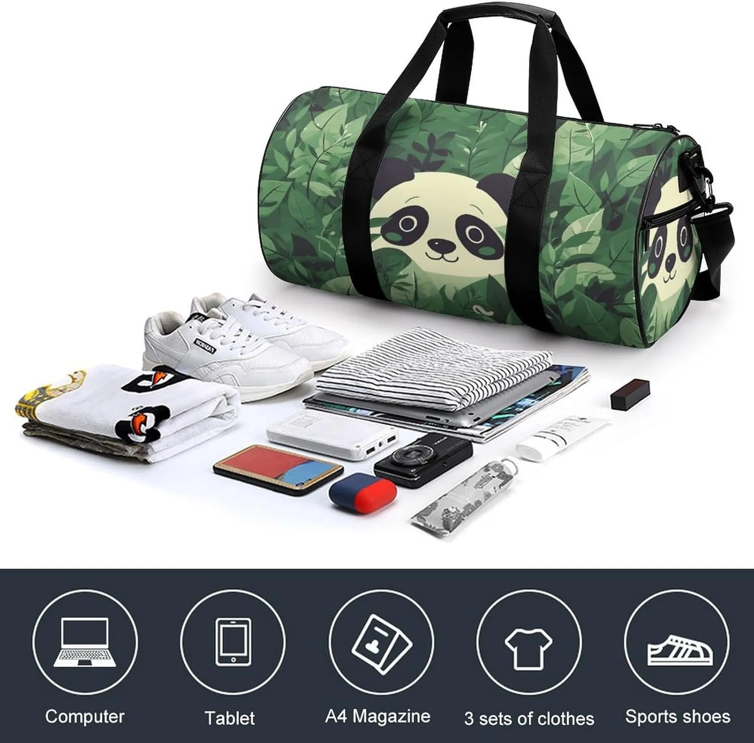 Gym Bags Small Green Leaves Panda Pattern Duffel Bag Overnight Bag with Shoe Compartment Carryon Bag for Men Women