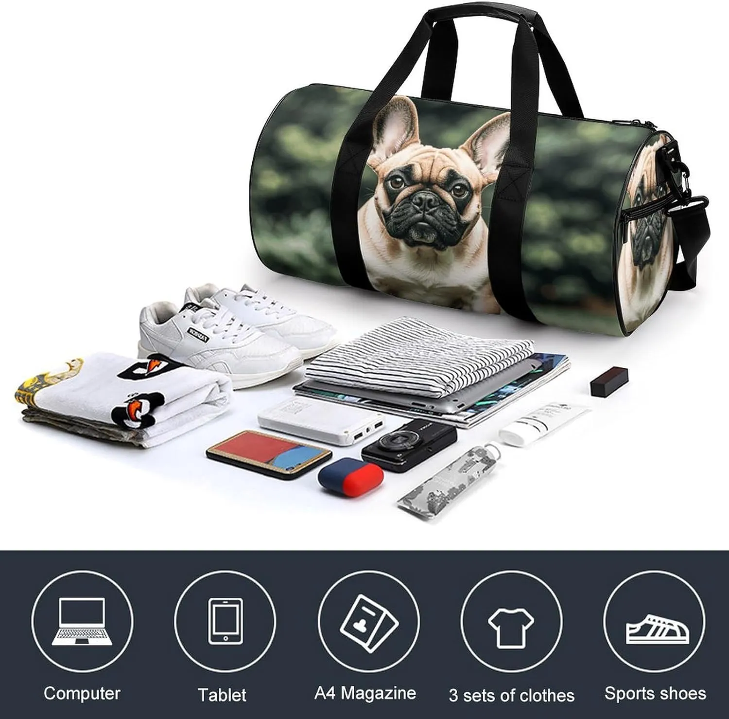 Gym Bags Small Long Ears French Bulldog Duffel Bag Overnight Bag with Shoe Compartment Carryon Bag for Men Women