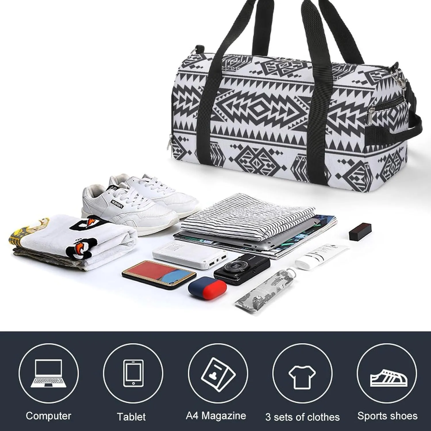 Gym Duffel Bag with Shoe Compartment Wet Pocket, American Aztec Texture Travel Bag for Men Women