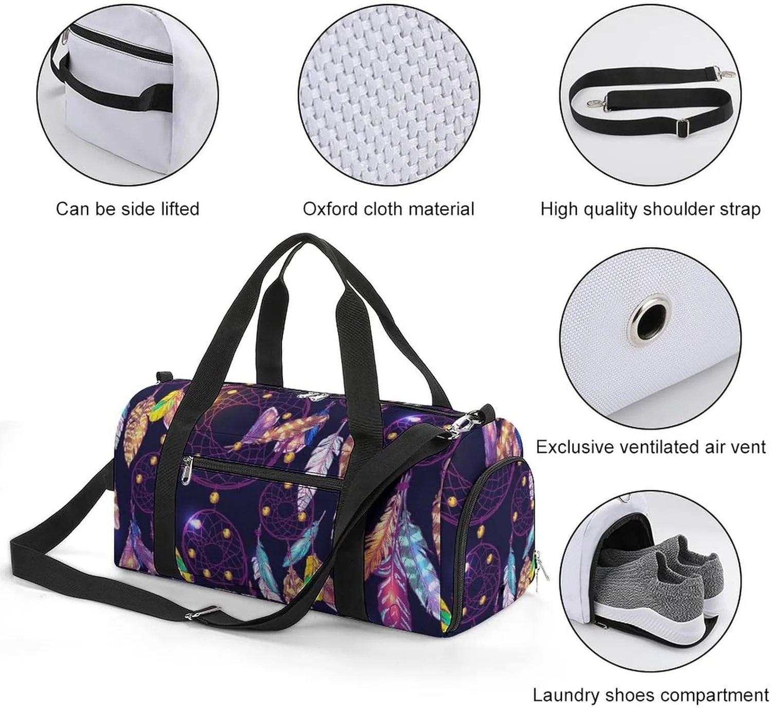 Gym Duffel Bag with Shoe Compartment Wet Pocket, Dreamcatcher Cartoon Travel Bag for Men Women