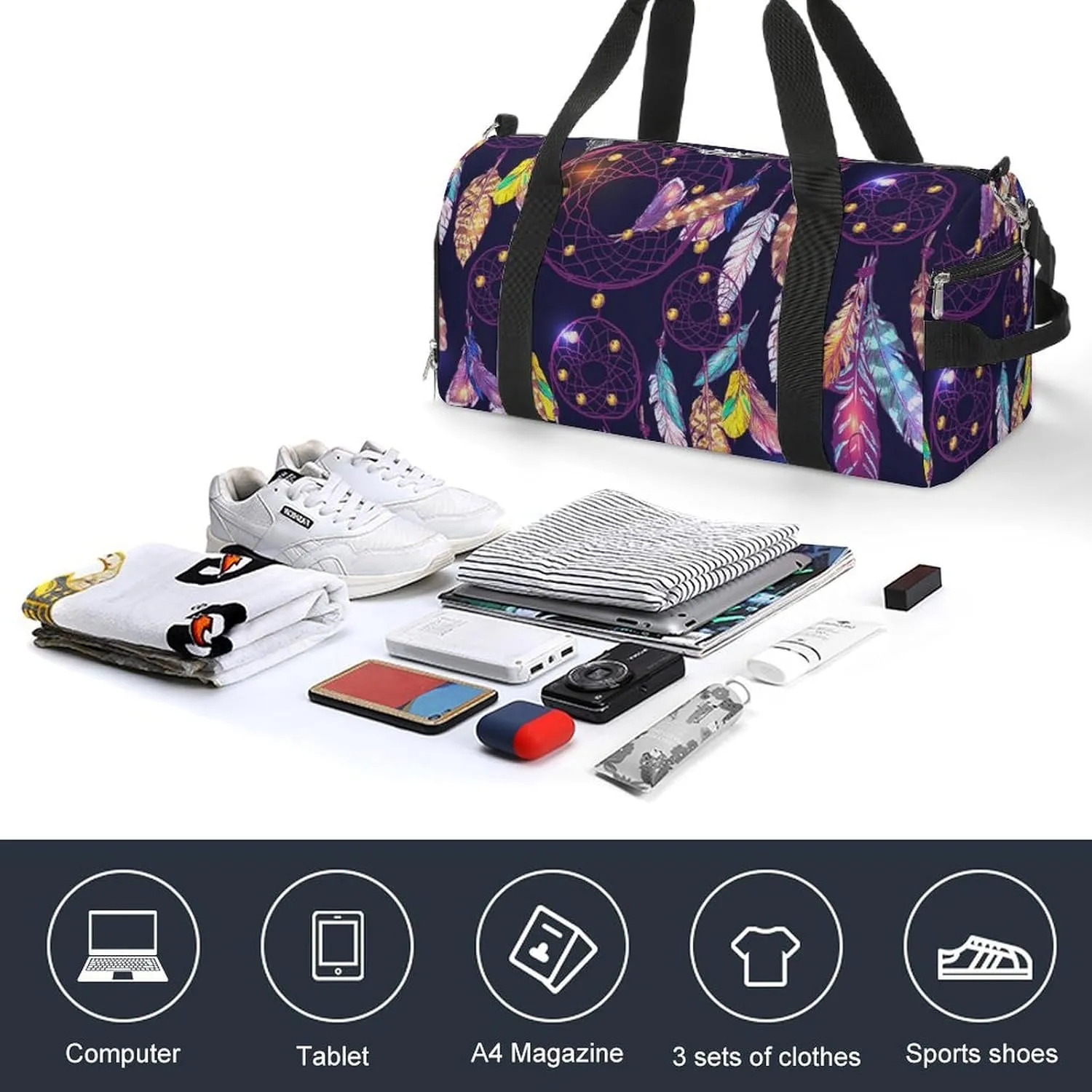 Gym Duffel Bag with Shoe Compartment Wet Pocket, Dreamcatcher Cartoon Travel Bag for Men Women