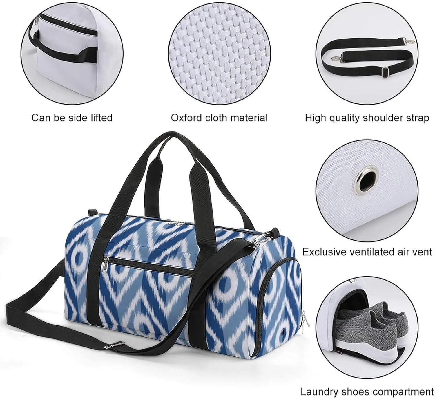 Gym Duffel Bag with Shoe Compartment Wet Pocket, Ethnic Ikat Geometric Travel Bag for Men Women