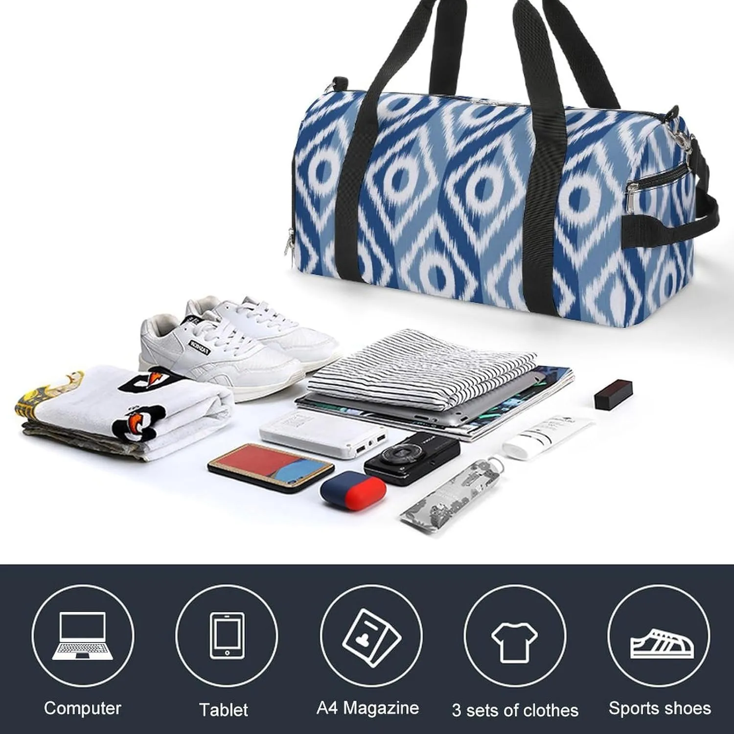 Gym Duffel Bag with Shoe Compartment Wet Pocket, Ethnic Ikat Geometric Travel Bag for Men Women