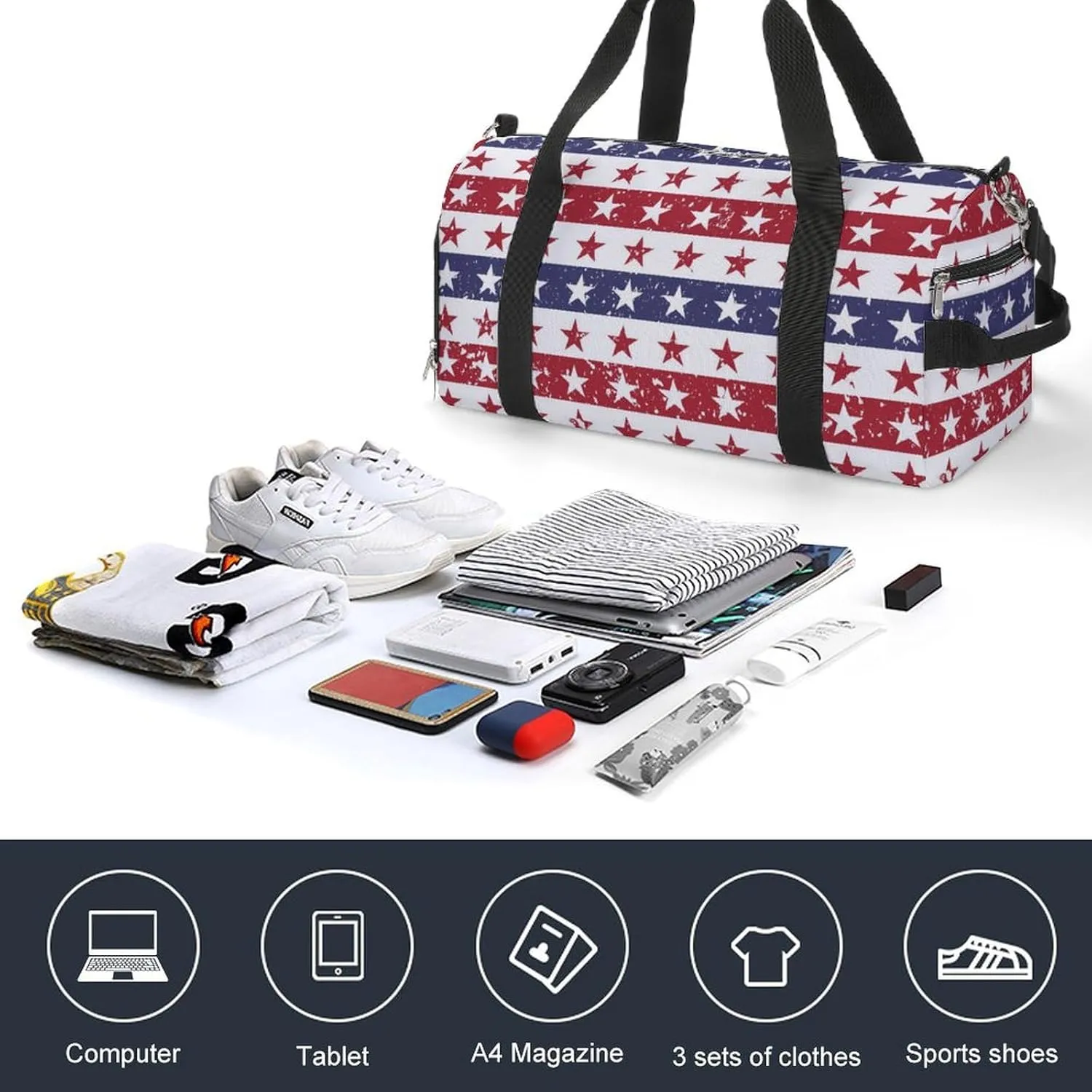 Gym Duffel Bag with Shoe Compartment Wet Pocket, Patriotic Usa Pattern Travel Bag for Men Women