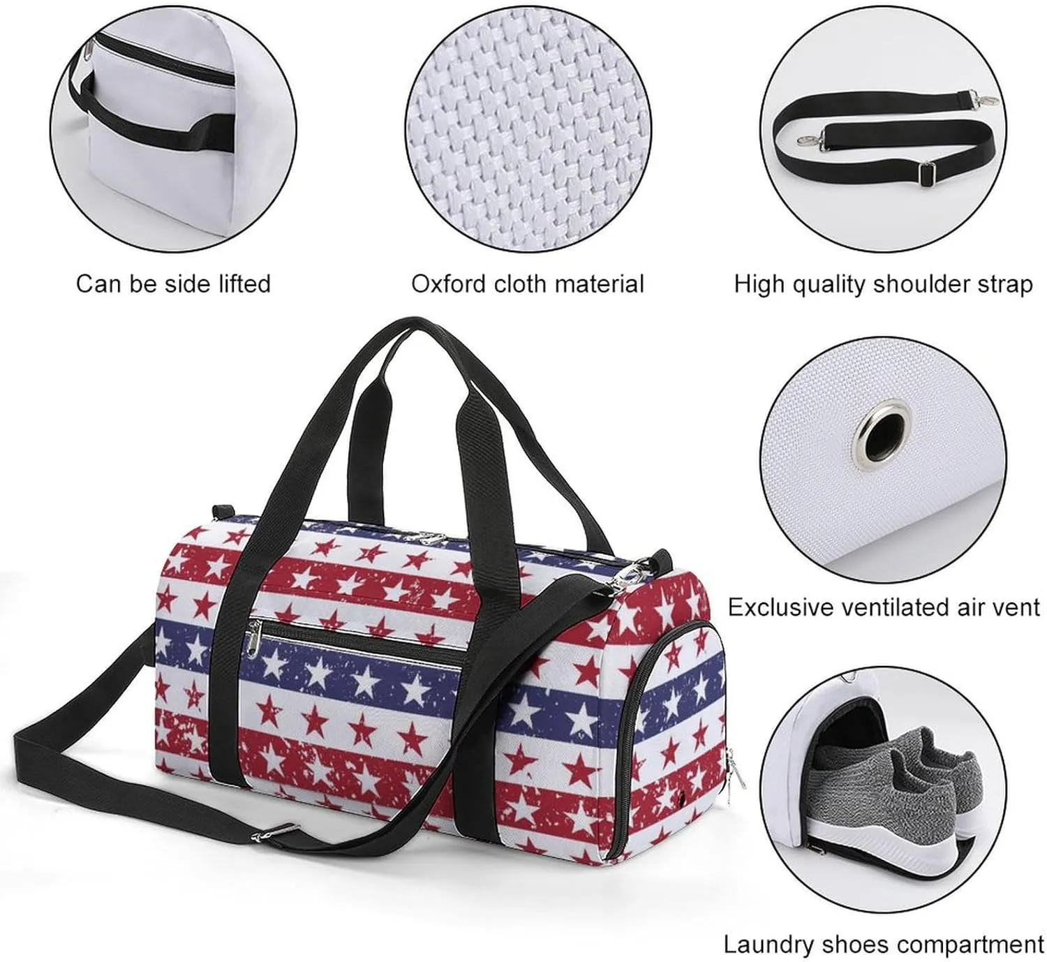 Gym Duffel Bag with Shoe Compartment Wet Pocket, Patriotic Usa Pattern Travel Bag for Men Women