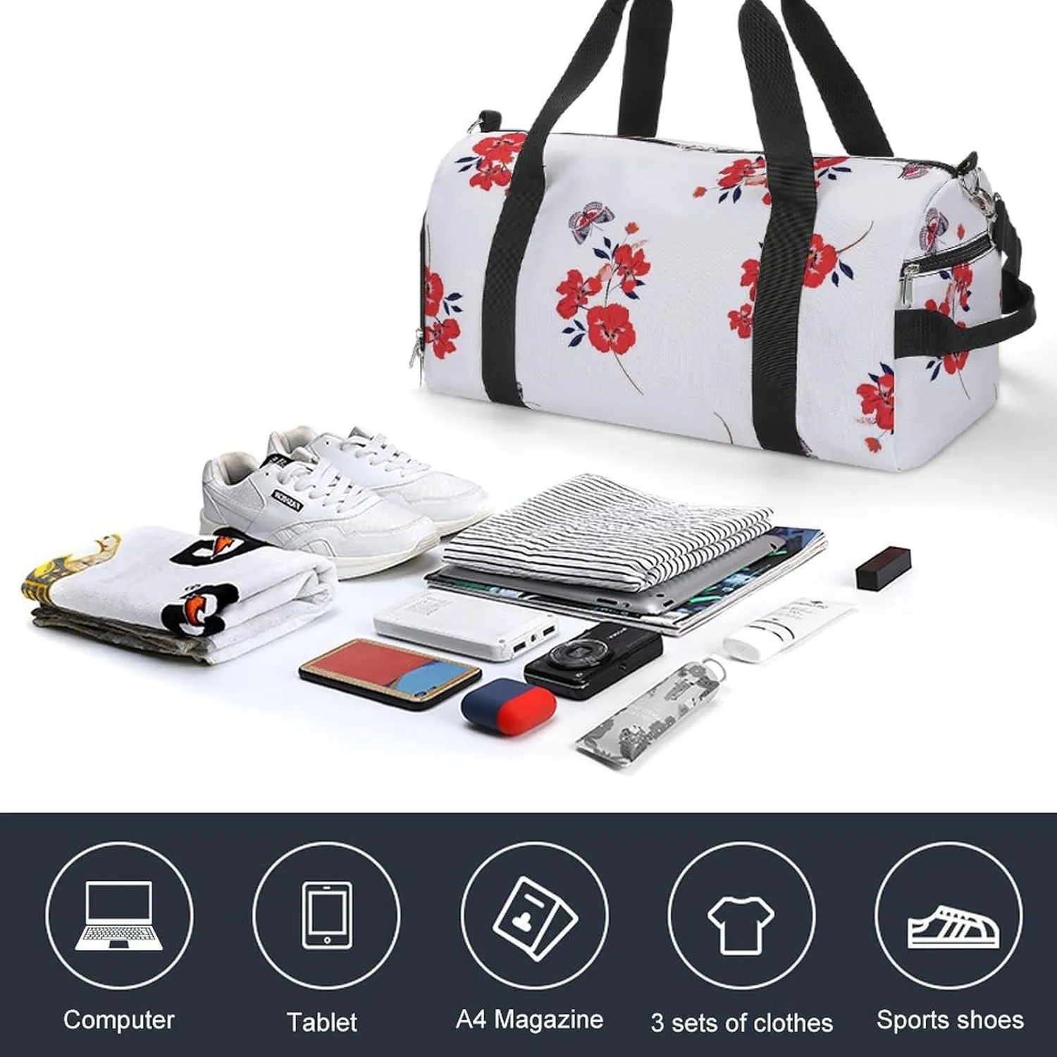 Gym Duffel Bag with Shoe Compartment Wet Pocket, Red Pansy Flowers Travel Bag for Men Women