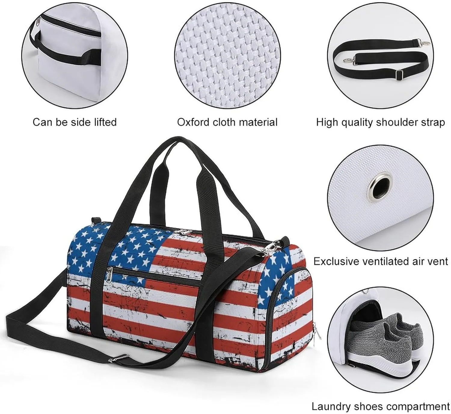 Gym Duffel Bag with Shoe Compartment Wet Pocket, Usa Grunge Flag Travel Bag for Men Women, style-4