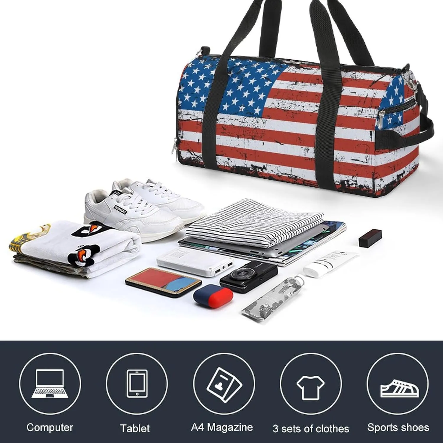 Gym Duffel Bag with Shoe Compartment Wet Pocket, Usa Grunge Flag Travel Bag for Men Women, style-4