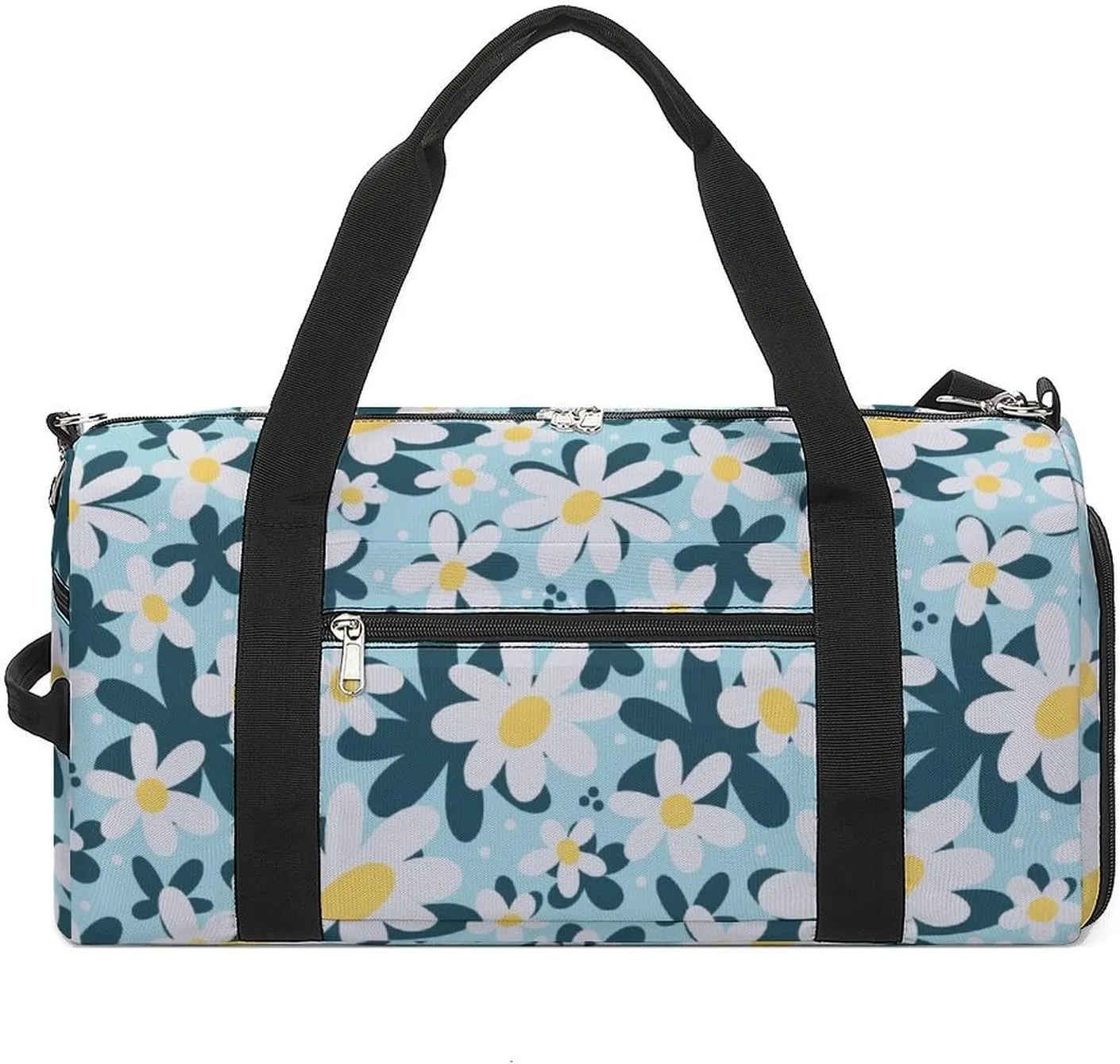 Gym Duffel Bag with Shoe Compartment Wet Pocket, White Daisies Blue Travel Bag for Men Women