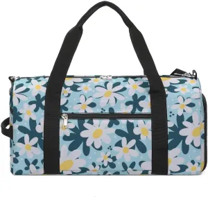 Gym Duffel Bag with Shoe Compartment Wet Pocket, White Daisies Blue Travel Bag for Men Women