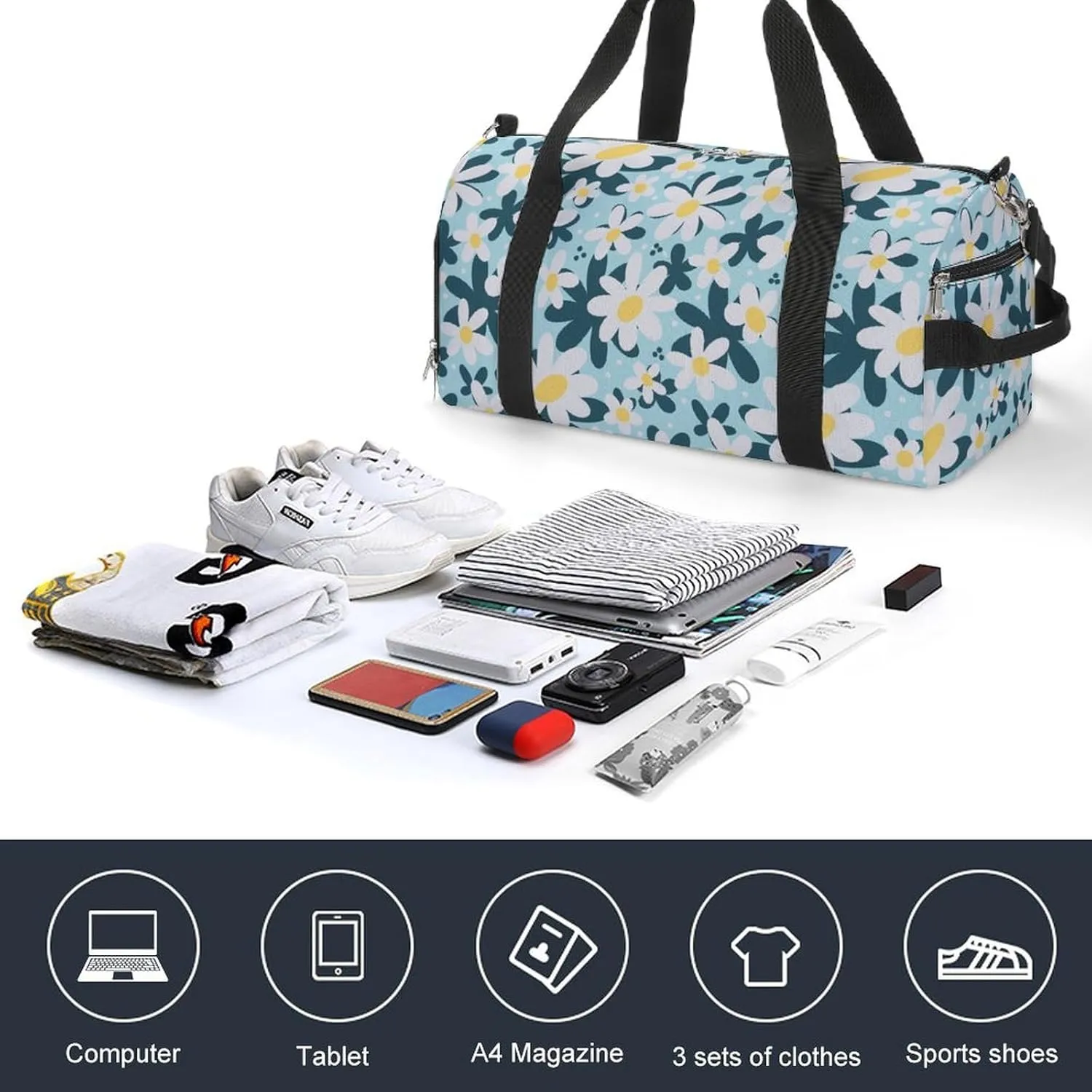 Gym Duffel Bag with Shoe Compartment Wet Pocket, White Daisies Blue Travel Bag for Men Women