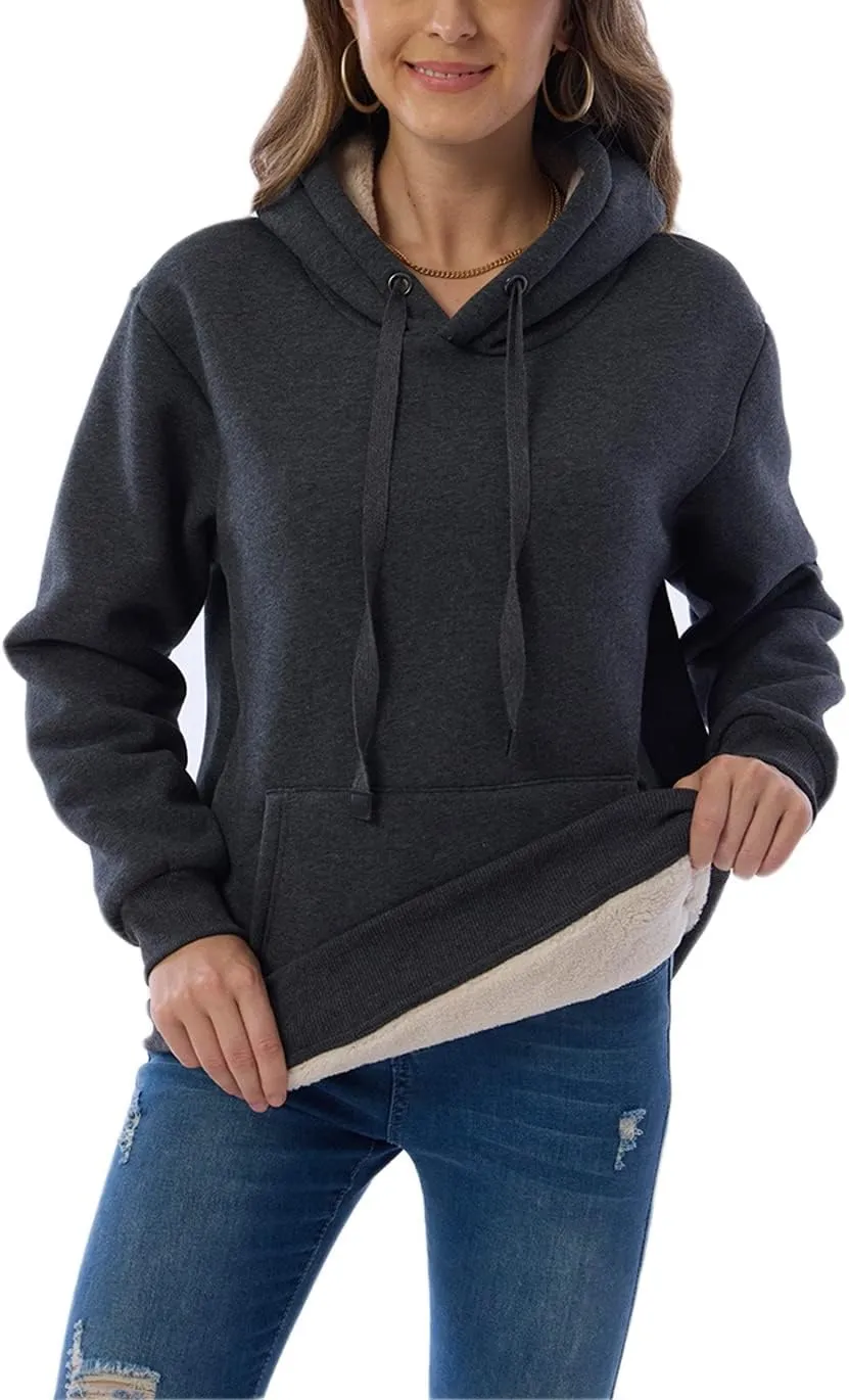 Haellun Womens Casual Winter Warm Fleece Sherpa Lined Pullover Hooded Sweatshirt