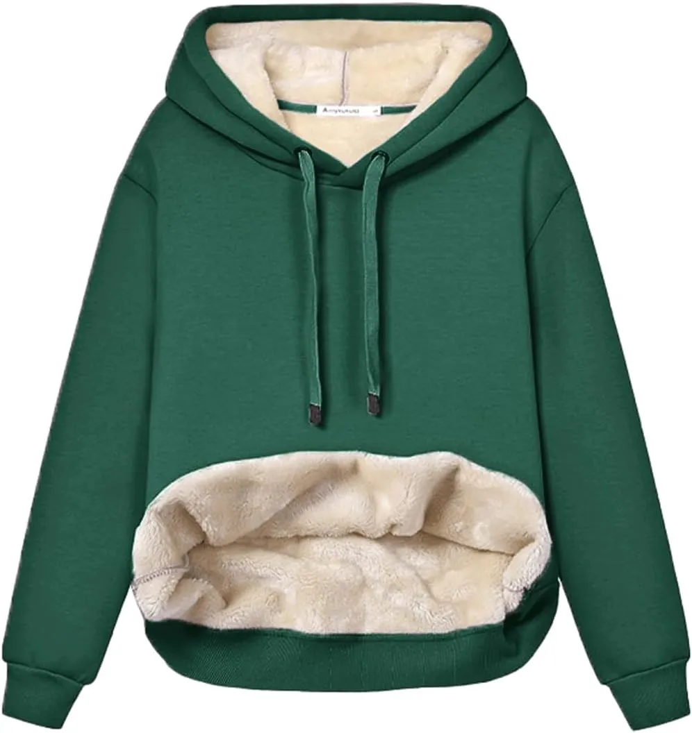 Haellun Womens Casual Winter Warm Fleece Sherpa Lined Pullover Hooded Sweatshirt