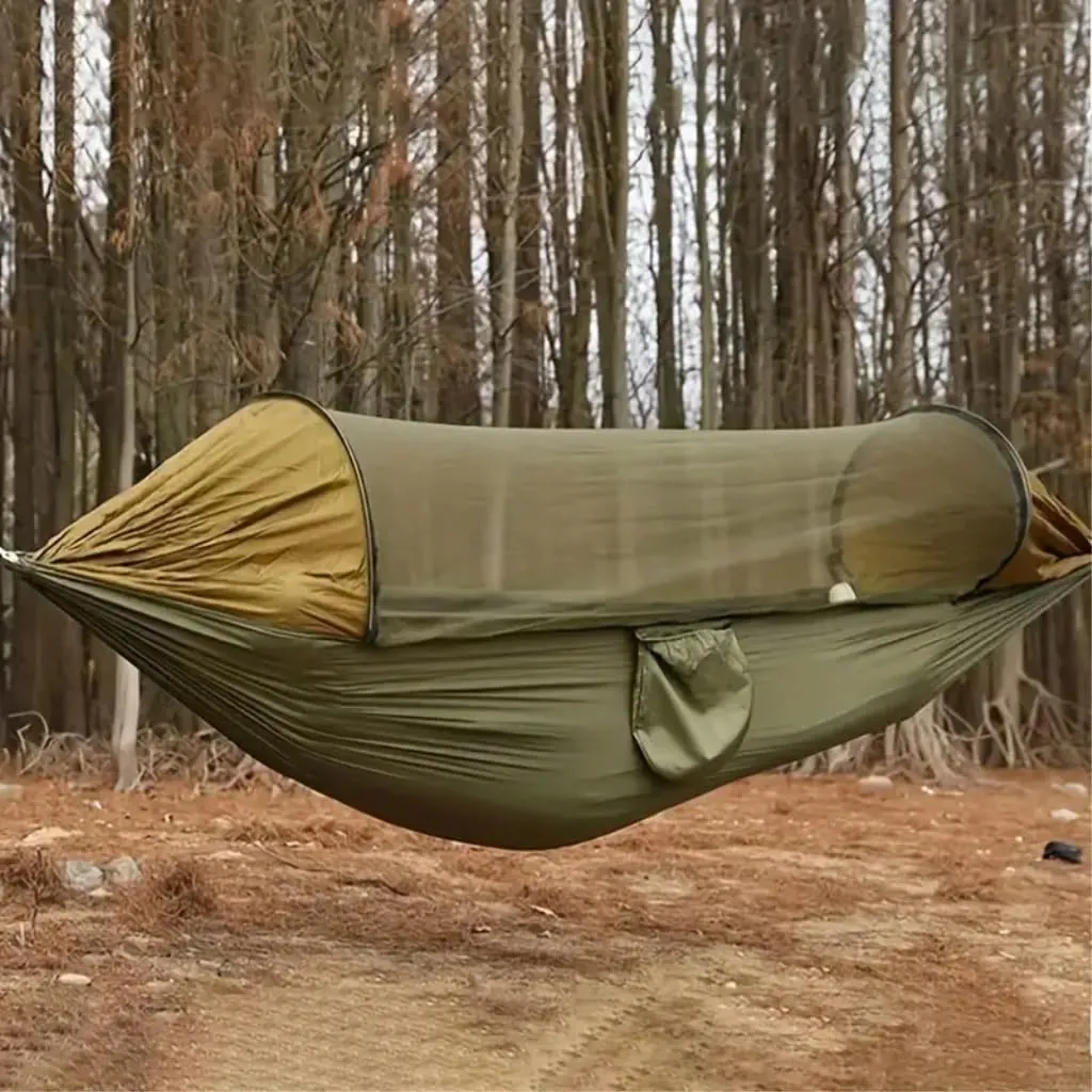 Hammocks Automatic Quick-Opening Portable Mosquito Net Nylon Hammock Nylon Cloth Strut Outdoor Anti-Mosquito Hammock Camping Hammocks(Green)