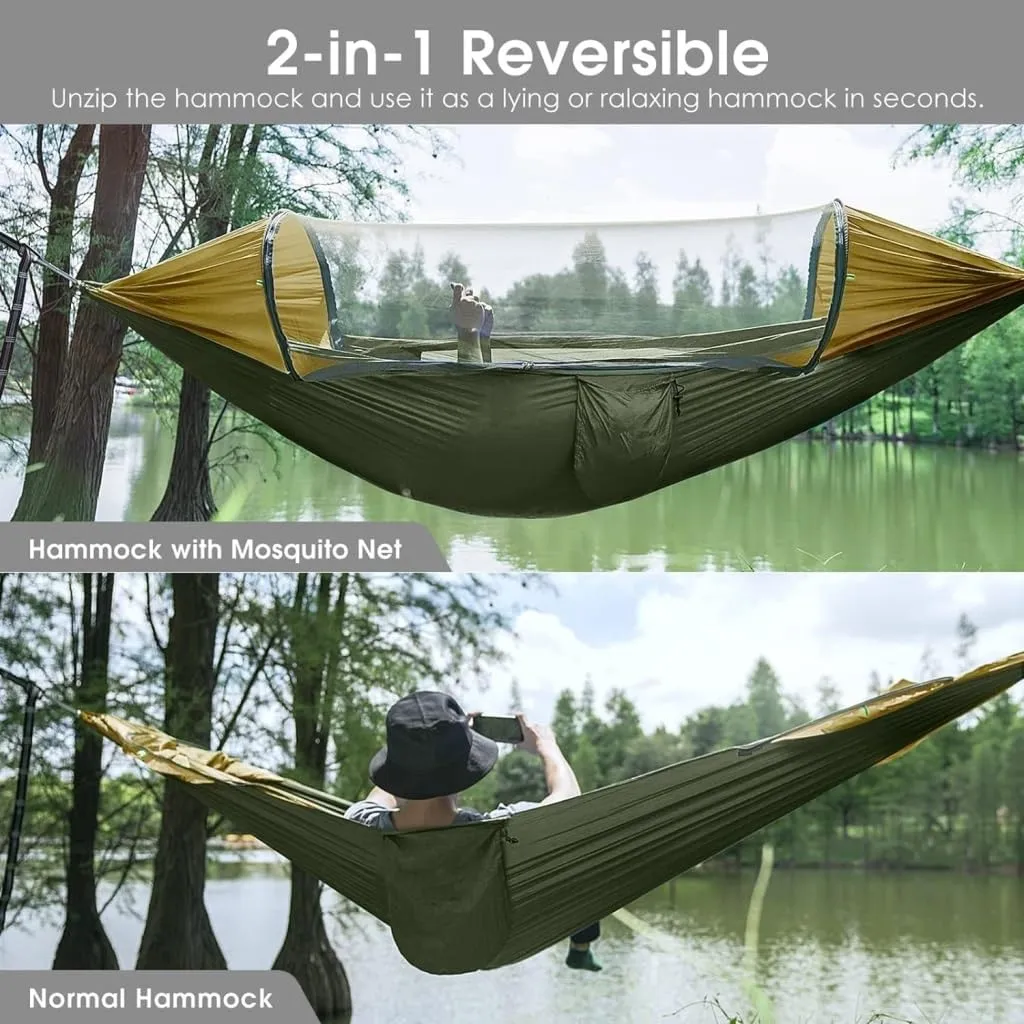 Hammocks Automatic Quick-Opening Portable Mosquito Net Nylon Hammock Nylon Cloth Strut Outdoor Anti-Mosquito Hammock Camping Hammocks(Green)