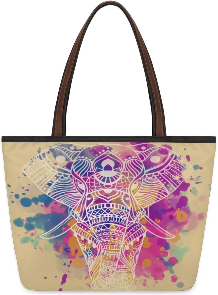 Hand-drawn Elephant Animal Tote Bag Tote Purse for Women with Zipper Womens Handbags for Work Travel