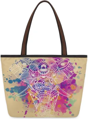 Hand-drawn Elephant Animal Tote Bag Tote Purse for Women with Zipper Womens Handbags for Work Travel