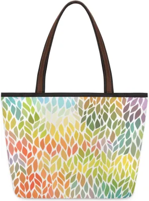 Hand-drawn Leaf Colorful Tote Bag Tote Purse for Women with Zipper Womens Handbags for Work Travel