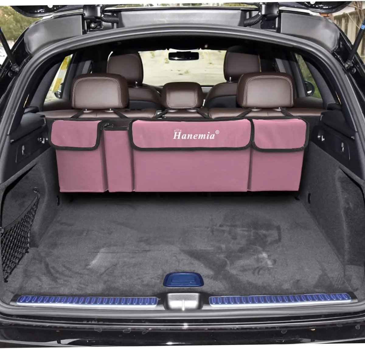 Hanemia Car Trunk Organizer, Backseat Hanging Storage with 4 Large Pockets, Collapsible Cargo Bag with Adjustable Straps Frees Trunk Floor, Sturdy Space Saving Expert for SUV, Truck, Van (Pink)