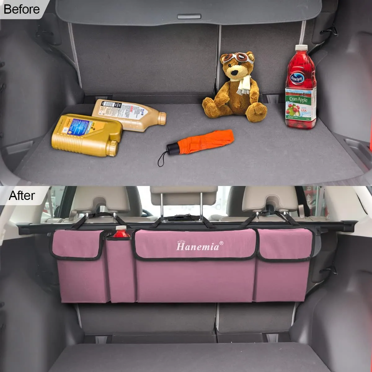 Hanemia Car Trunk Organizer, Backseat Hanging Storage with 4 Large Pockets, Collapsible Cargo Bag with Adjustable Straps Frees Trunk Floor, Sturdy Space Saving Expert for SUV, Truck, Van (Pink)