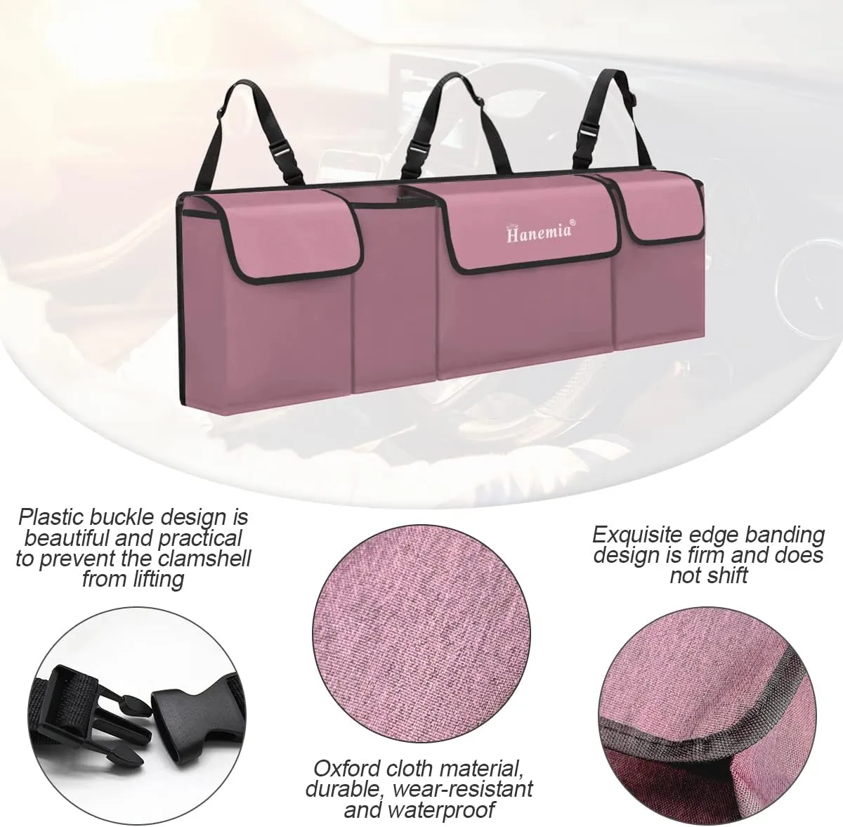 Hanemia Car Trunk Organizer, Backseat Hanging Storage with 4 Large Pockets, Collapsible Cargo Bag with Adjustable Straps Frees Trunk Floor, Sturdy Space Saving Expert for SUV, Truck, Van (Pink)