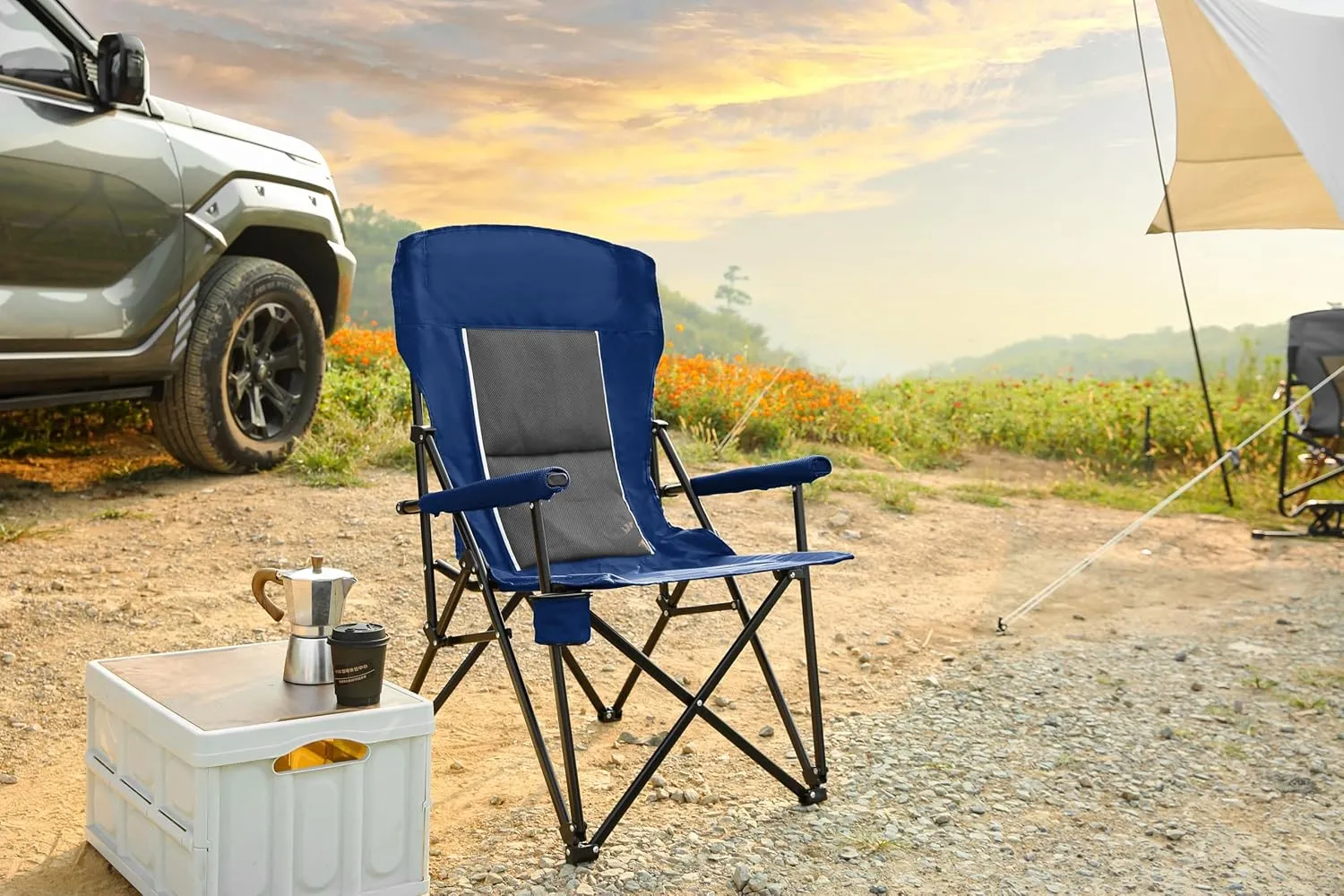 Heavy Duty Lawn Chair 250LBS Capacity - High Back Portable Folding Camping Chair with Cup Holder & Carry Bag for Outdoor, Beach, Fishing, Backyard, Picnic (Navy Blue)