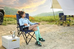 Heavy Duty Lawn Chair 250LBS Capacity - High Back Portable Folding Camping Chair with Cup Holder & Carry Bag for Outdoor, Beach, Fishing, Backyard, Picnic (Navy Blue)