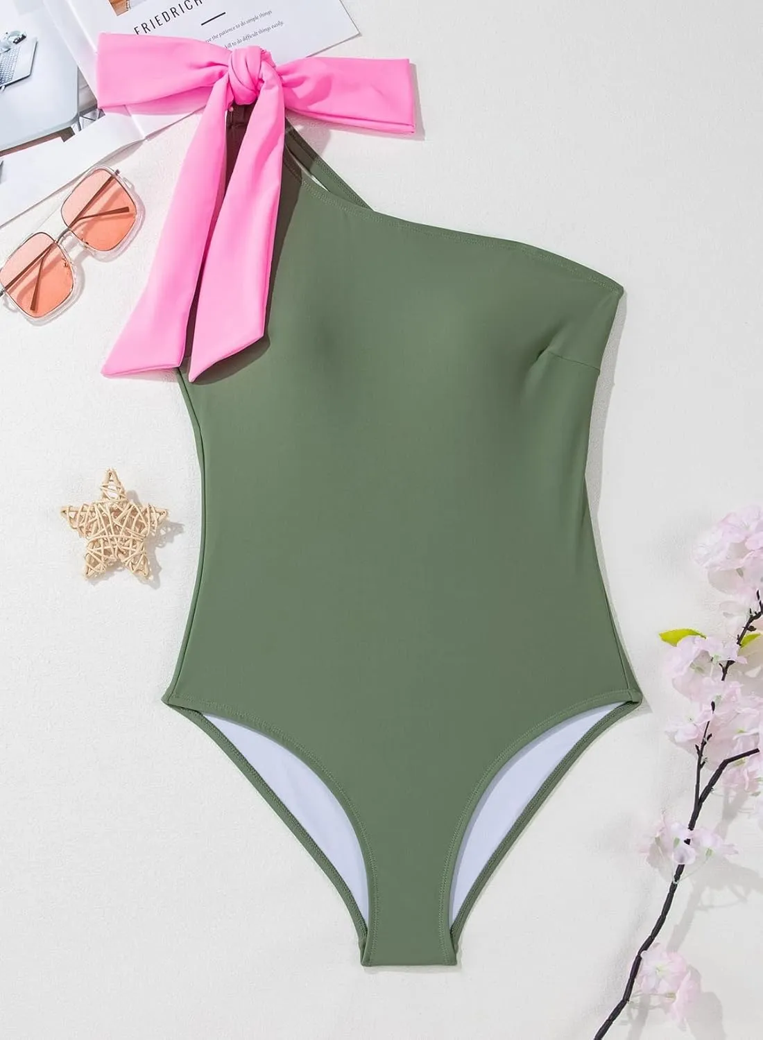 Herseas Women One Bow Shoulder One Piece Swimsuit Asymmetric Cutout Bathing Suit