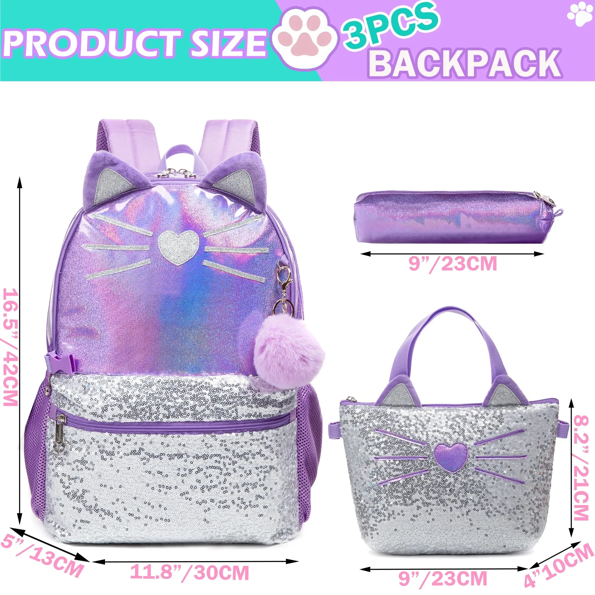 High Quality Purple Cat School Bag Set