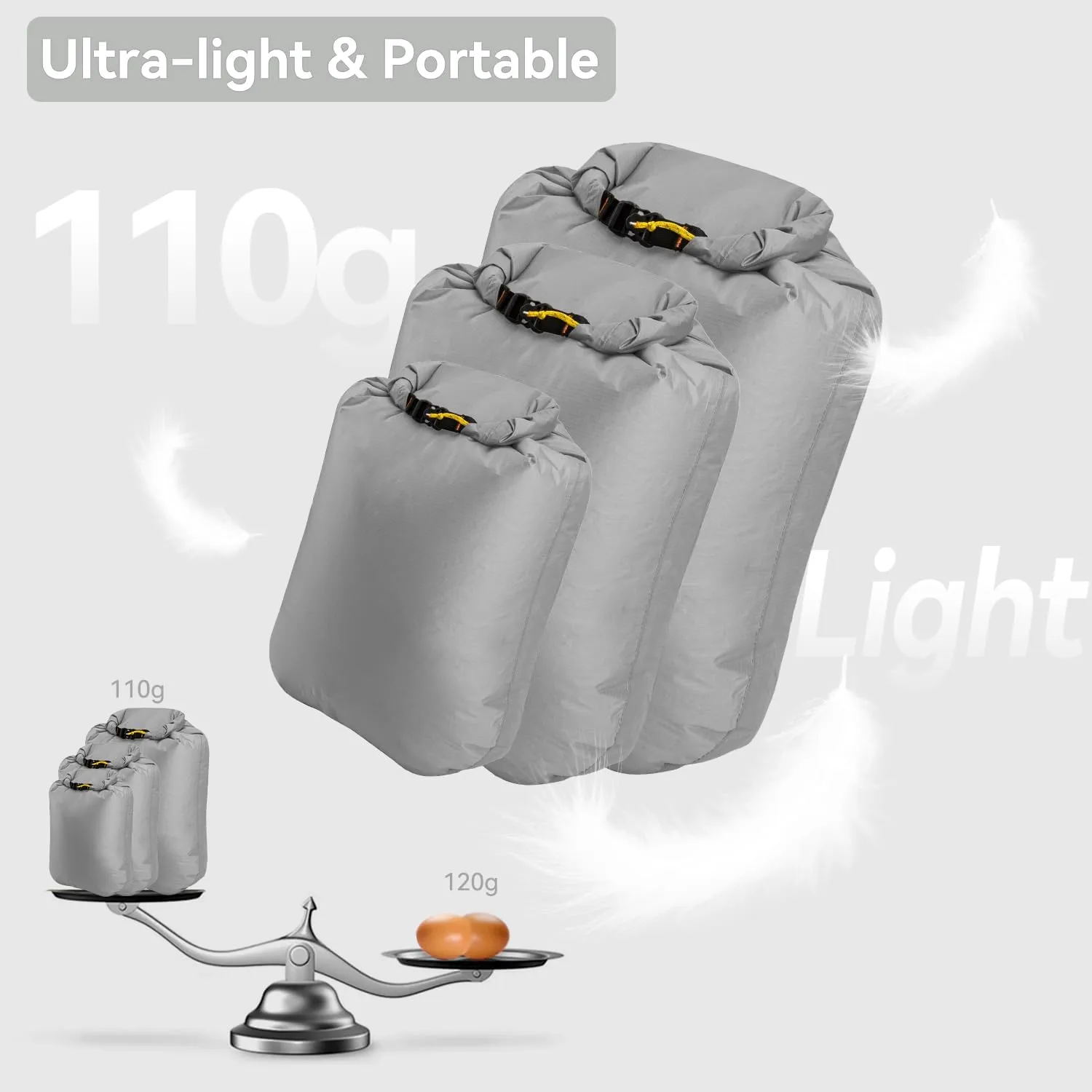 HIKEMAN Dry Bag Waterproof - Ultralight Dry Sack,Outdoor Roll Top Drybags,3-Pack Stuff Sack for Travel,Swimming,Rafting,Boating,Kayaking,Camping,Beach (Grey)