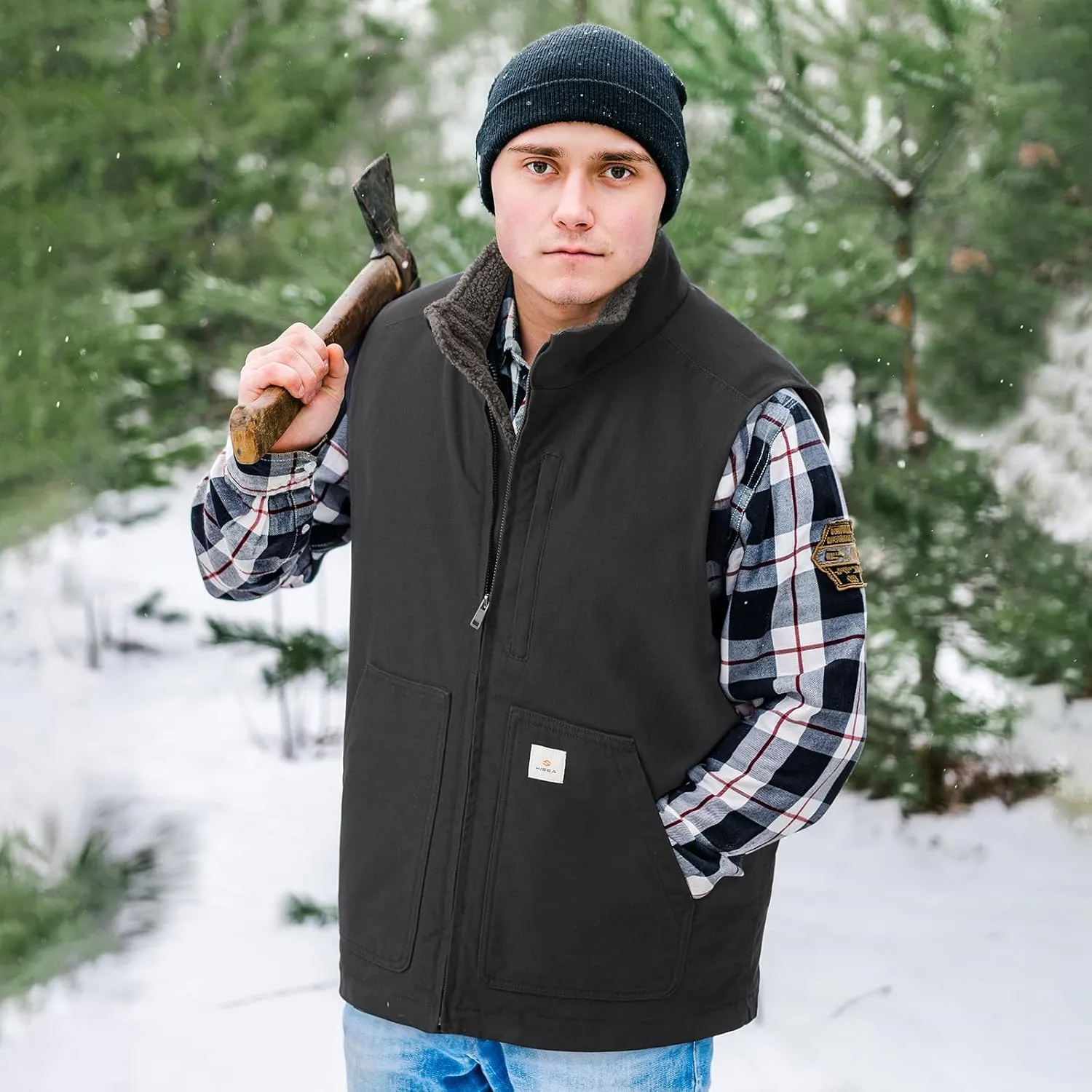 HISEA Men's Washed Duck Sherpa-Lined Vest, Mens Loose Fit Winter Insulated Canvas Workwear Mock-Neck Vest