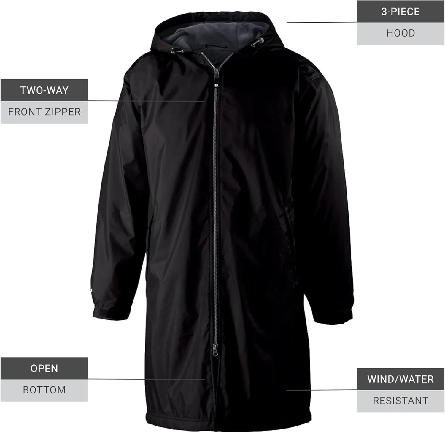 Holloway Men's Conquest Knee-Length Jacket – Warm-Up Wind/Water-Resistant Outerwear, Hooded & Adjustable Fit