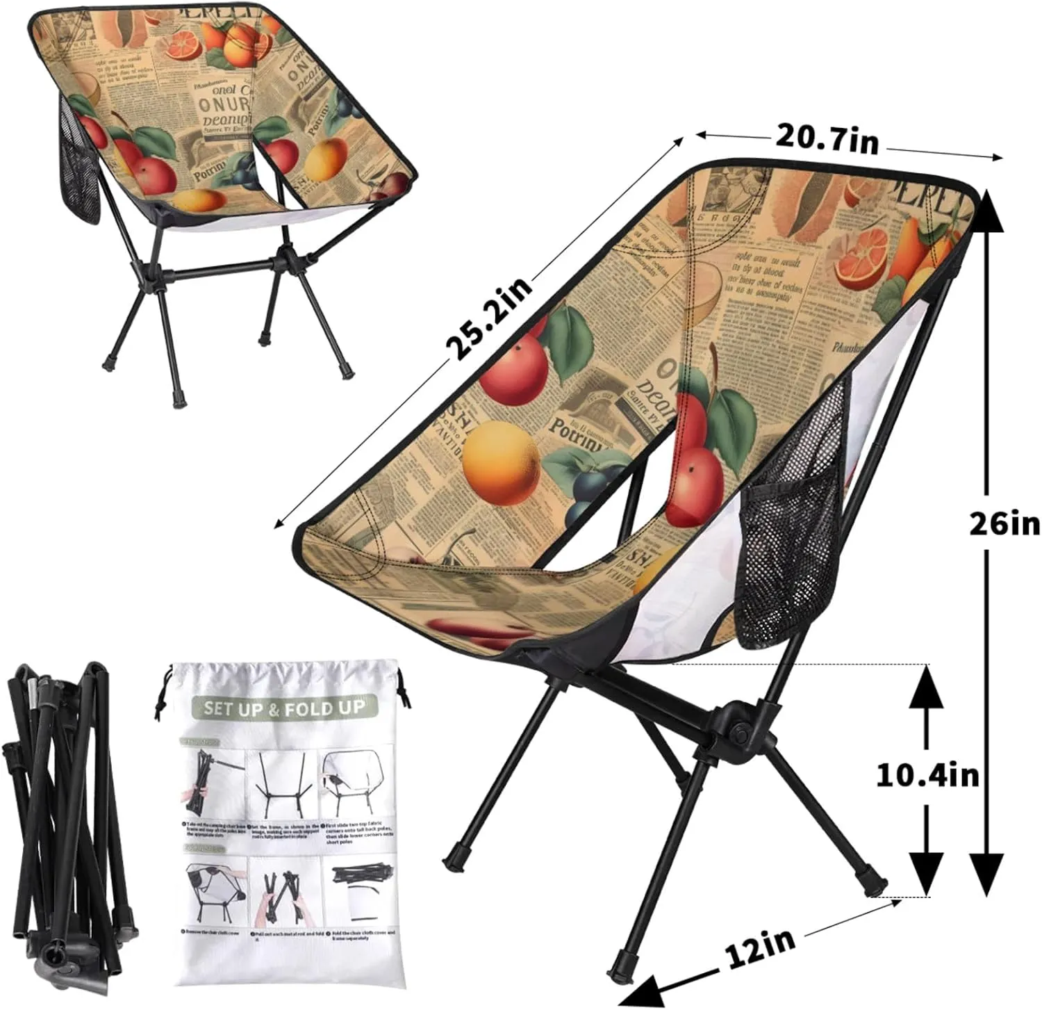 Honeybaby Folding Camping Chair Fruits Poster Camping Chairs Lightweight Portable Chair Outdoor Foldable Chairs for Camping Travel Picnic Beach Hiking