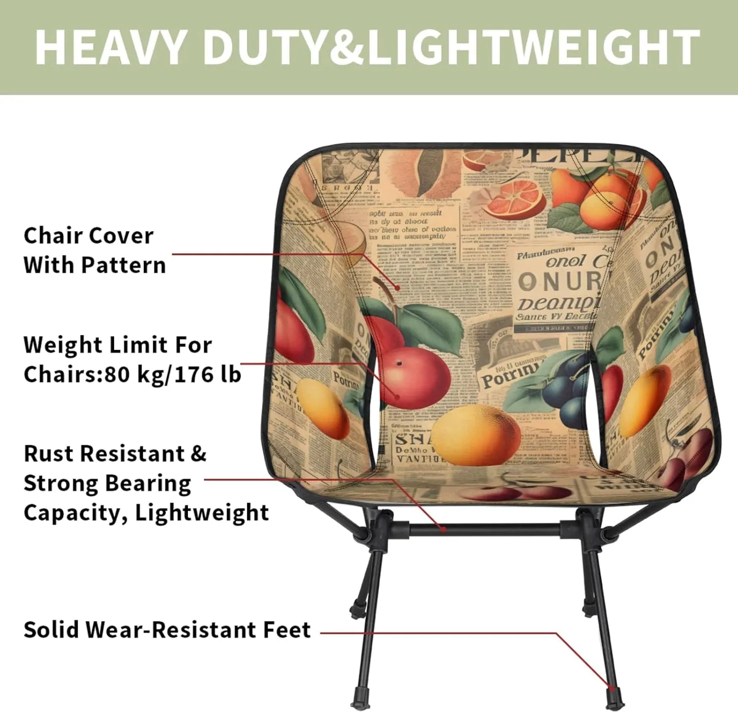 Honeybaby Folding Camping Chair Fruits Poster Camping Chairs Lightweight Portable Chair Outdoor Foldable Chairs for Camping Travel Picnic Beach Hiking