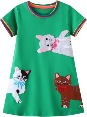 Hongshilian Little Girls Casual Cotton Dress Cartoon Print Short Sleeve Summer T-Shirt Skirt Dresses