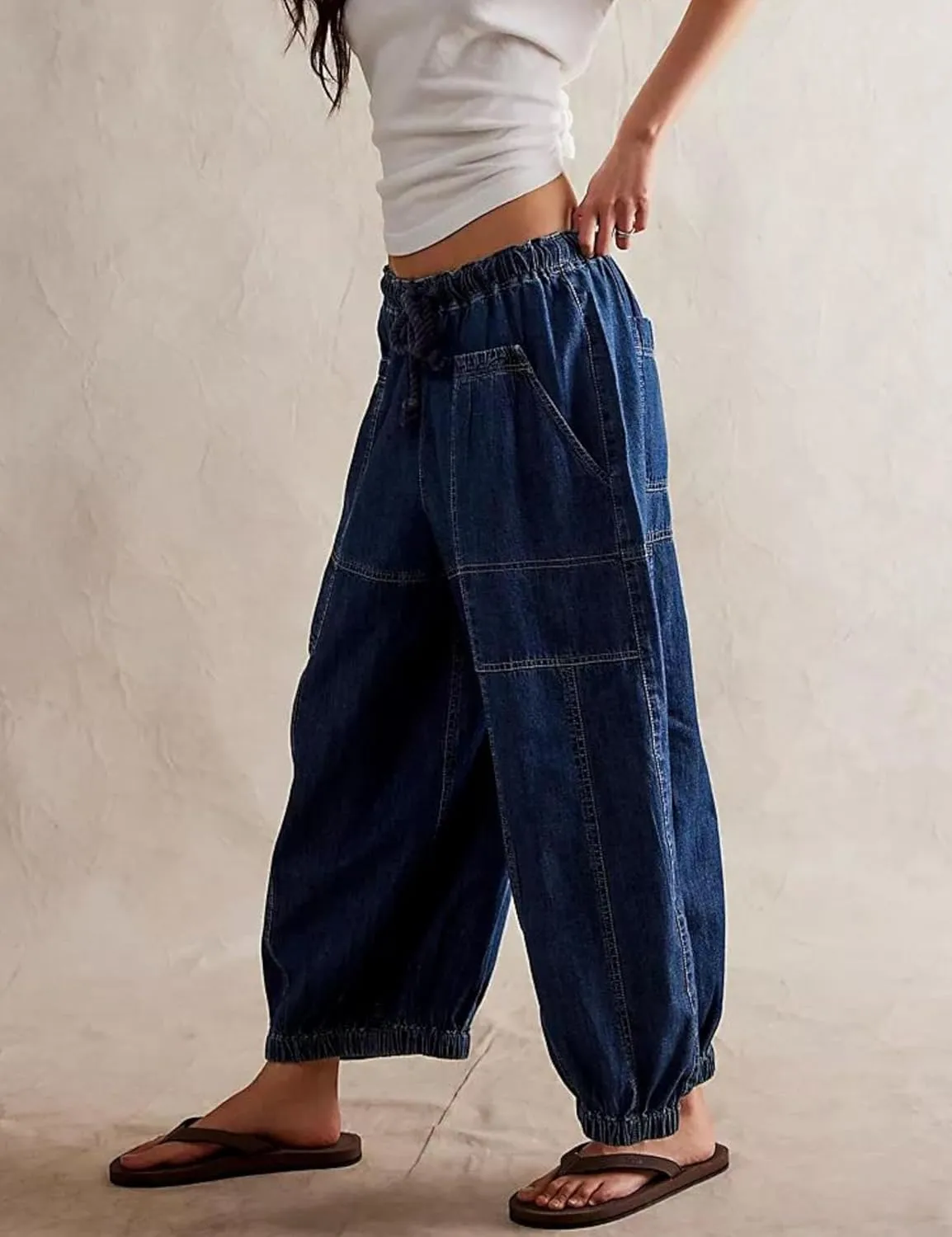 Hooever Women's Wide Leg Jeans Baggy Boyfriend Elastic Hem Denim Pants with Drawstring Waist