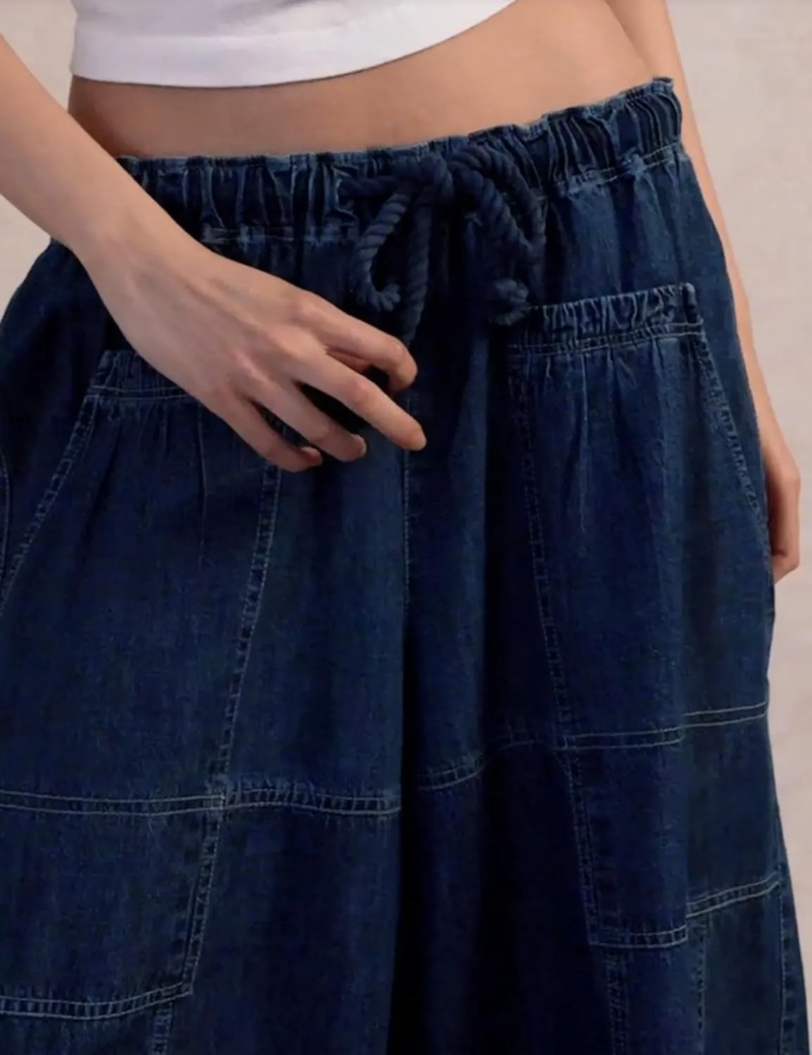 Hooever Women's Wide Leg Jeans Baggy Boyfriend Elastic Hem Denim Pants with Drawstring Waist