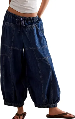 Hooever Women's Wide Leg Jeans Baggy Boyfriend Elastic Hem Denim Pants with Drawstring Waist