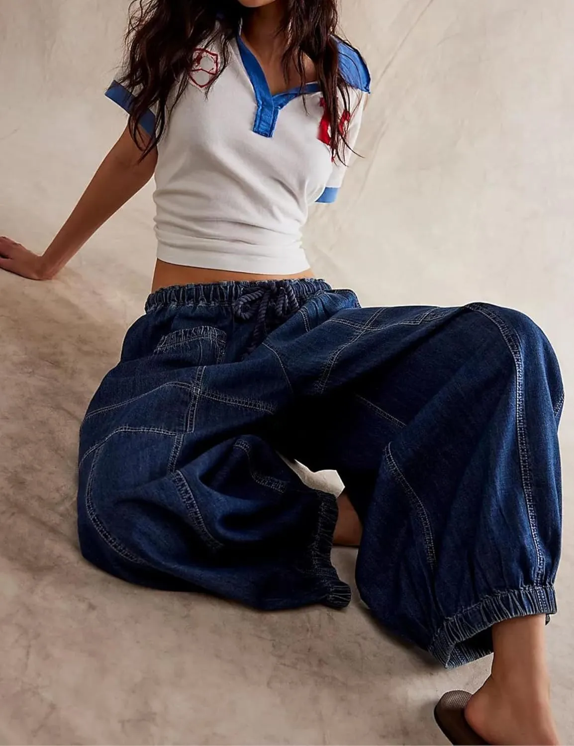 Hooever Women's Wide Leg Jeans Baggy Boyfriend Elastic Hem Denim Pants with Drawstring Waist