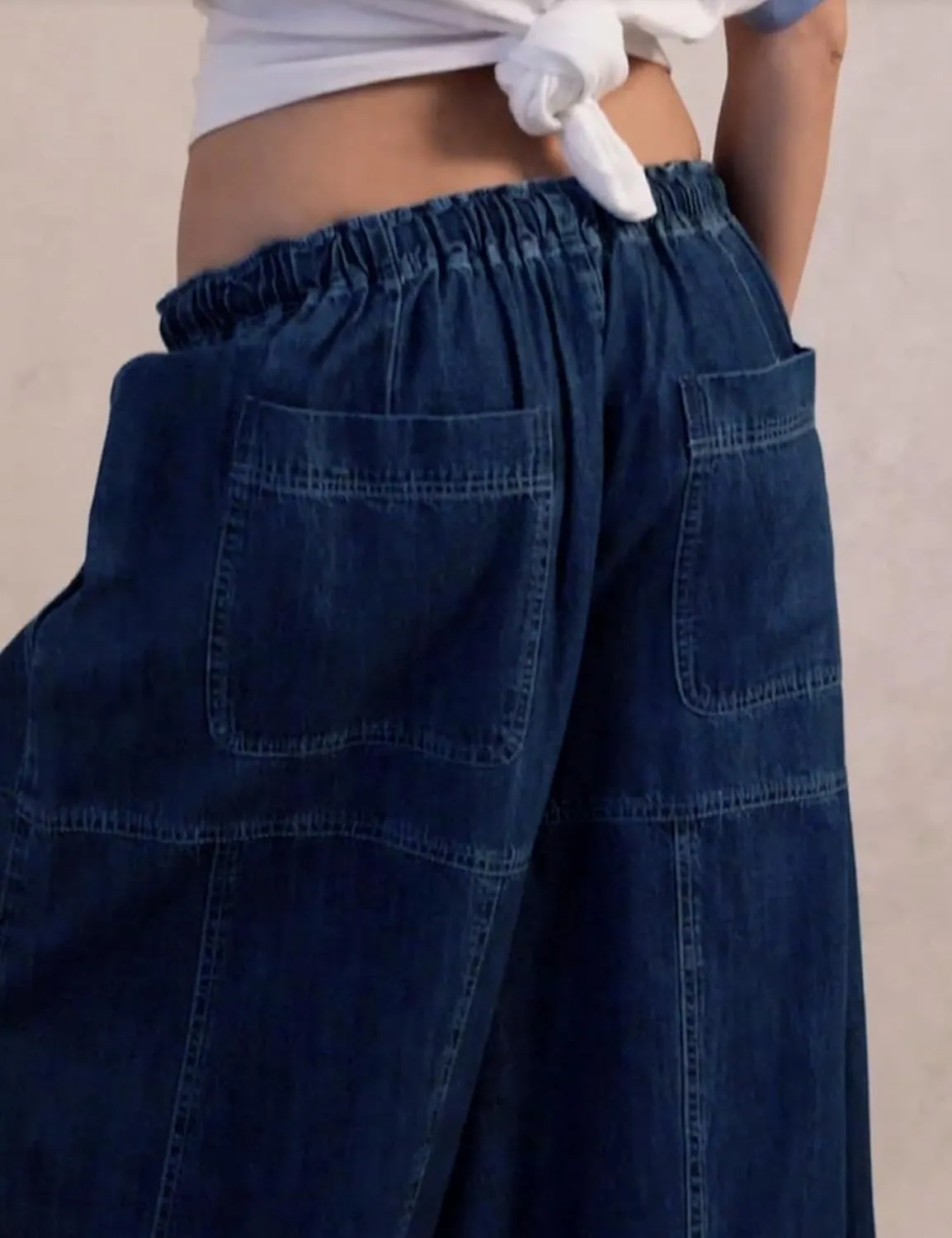 Hooever Women's Wide Leg Jeans Baggy Boyfriend Elastic Hem Denim Pants with Drawstring Waist