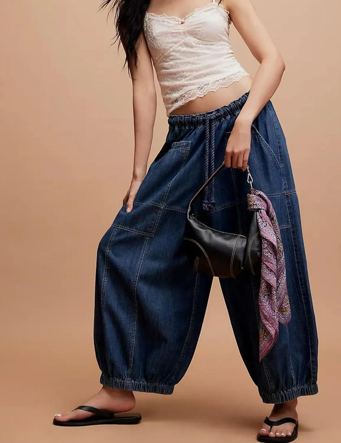 Hooever Women's Wide Leg Jeans Baggy Boyfriend Elastic Hem Denim Pants with Drawstring Waist