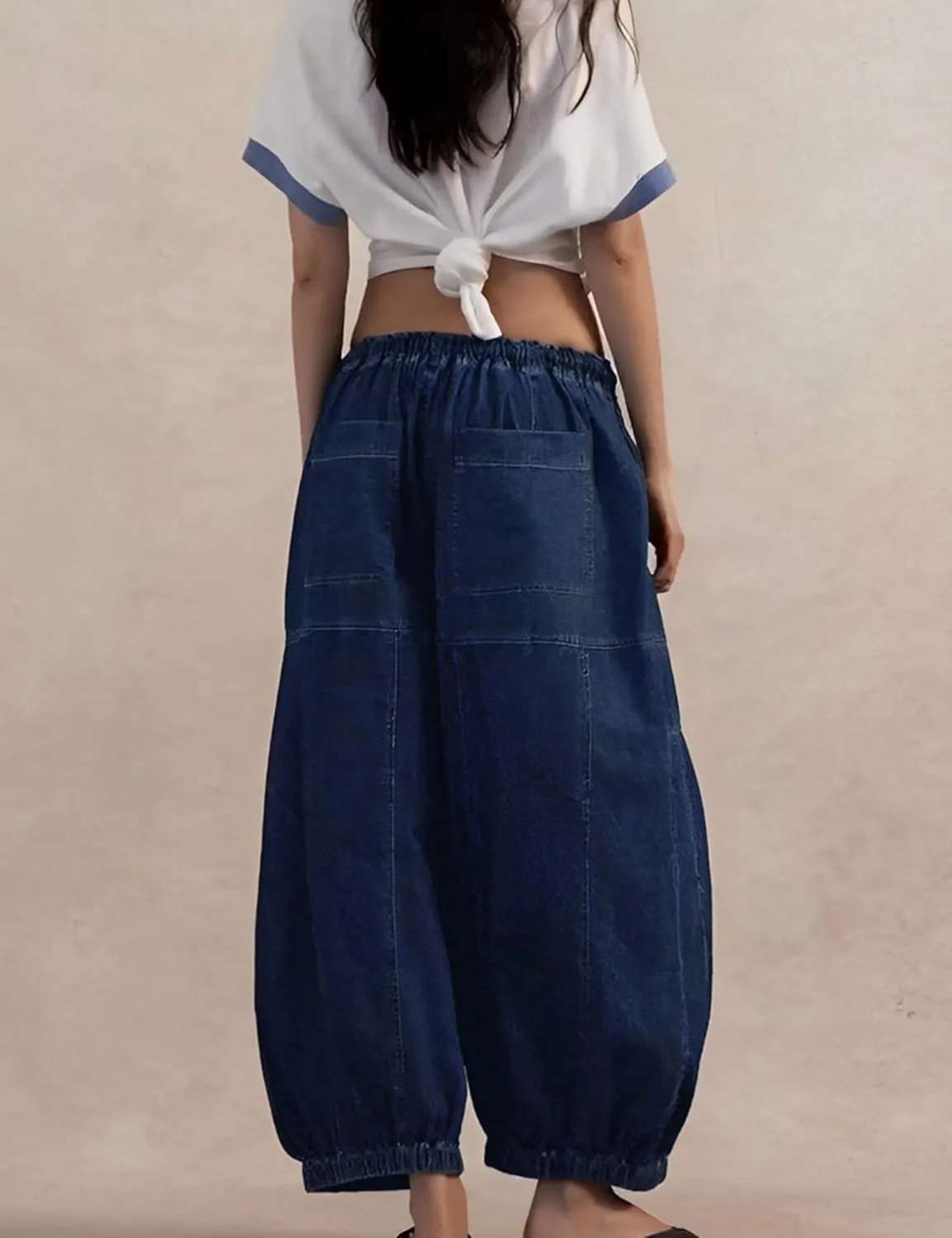 Hooever Women's Wide Leg Jeans Baggy Boyfriend Elastic Hem Denim Pants with Drawstring Waist
