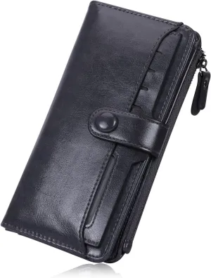 HUA ANGEL Womens Wallet Slim Thin Waxed Leather Billfold Clutch Multi Card Holder with Coin Pocket Large Capacity Long Purse
