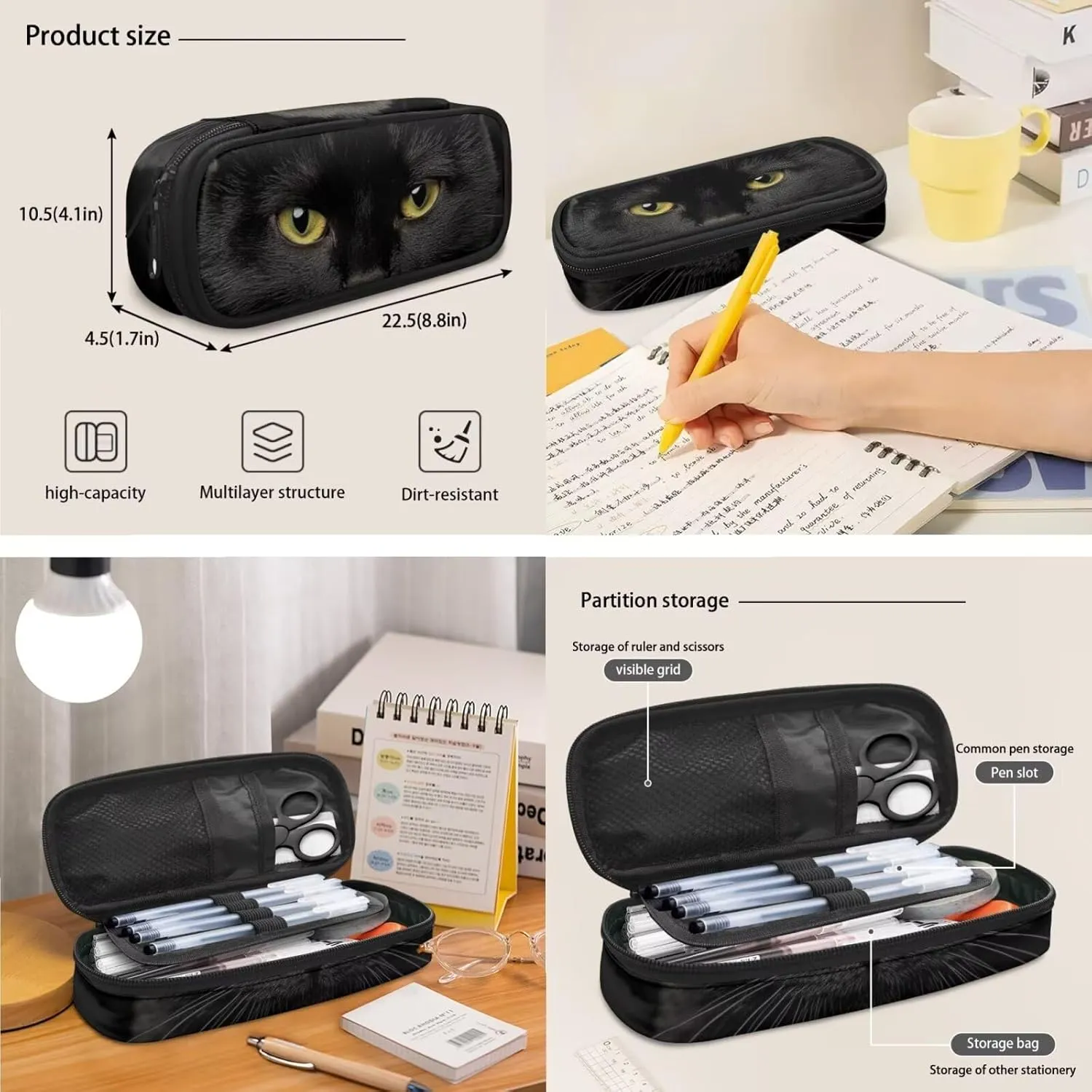 HUGS IDEA Black Cat Kids Backpack for Teen Girls School Bag for Kids 4-in-1 Bookbag Set with Lunch Box Pencil Case Water Bottle Sleeve Lightweight Elementary Schoolbag Set Mochilas Para NiñA