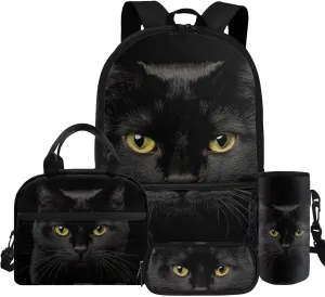 HUGS IDEA Black Cat Kids Backpack for Teen Girls School Bag for Kids 4-in-1 Bookbag Set with Lunch Box Pencil Case Water Bottle Sleeve Lightweight Elementary Schoolbag Set Mochilas Para NiñA