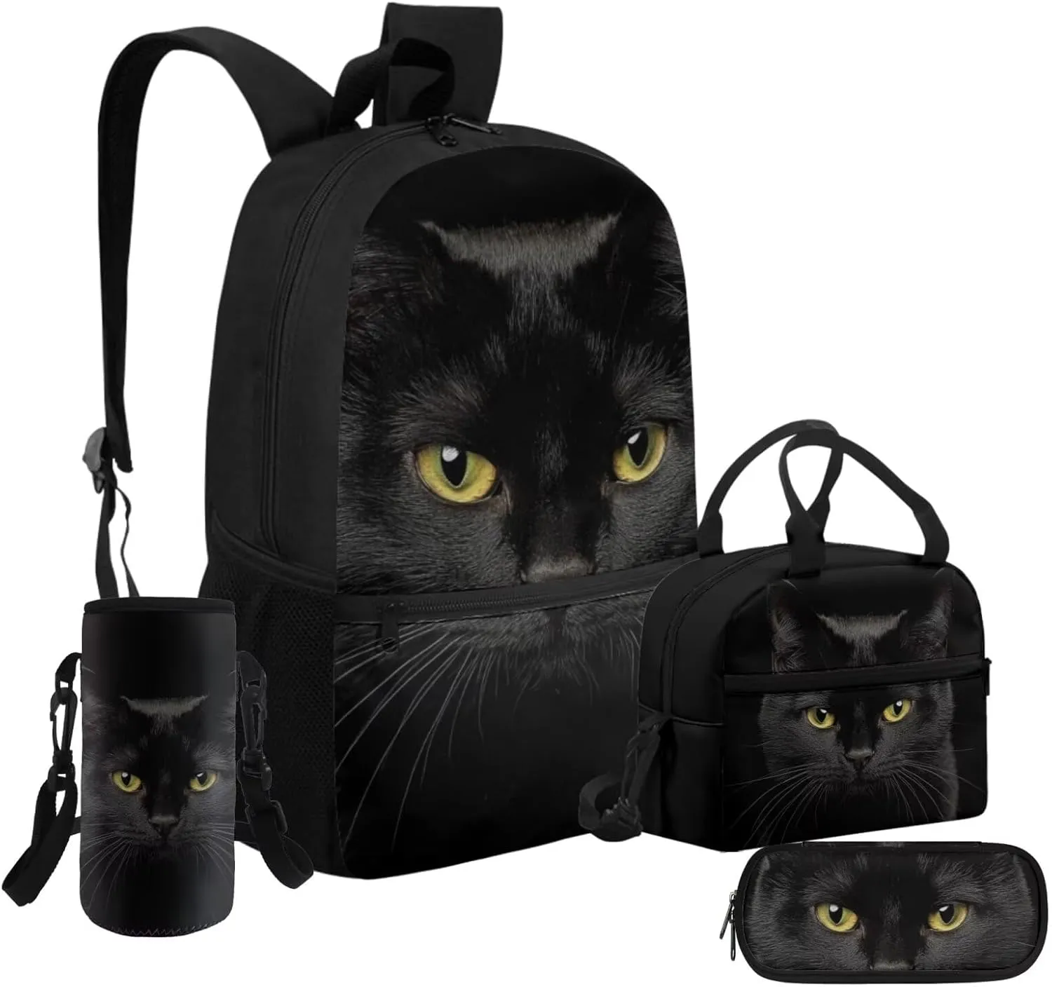HUGS IDEA Black Cat Kids Backpack for Teen Girls School Bag for Kids 4-in-1 Bookbag Set with Lunch Box Pencil Case Water Bottle Sleeve Lightweight Elementary Schoolbag Set Mochilas Para NiñA