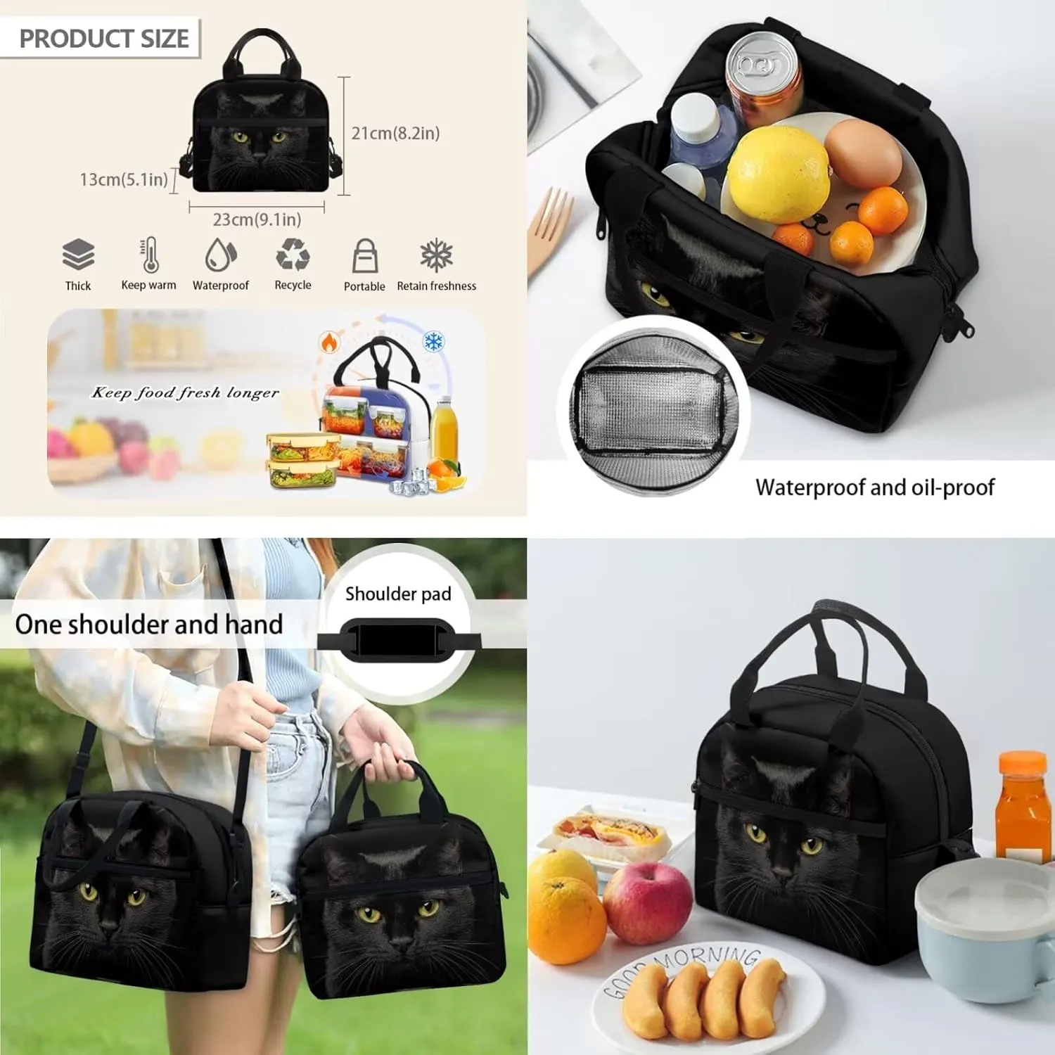 HUGS IDEA Black Cat Kids Backpack for Teen Girls School Bag for Kids 4-in-1 Bookbag Set with Lunch Box Pencil Case Water Bottle Sleeve Lightweight Elementary Schoolbag Set Mochilas Para NiñA